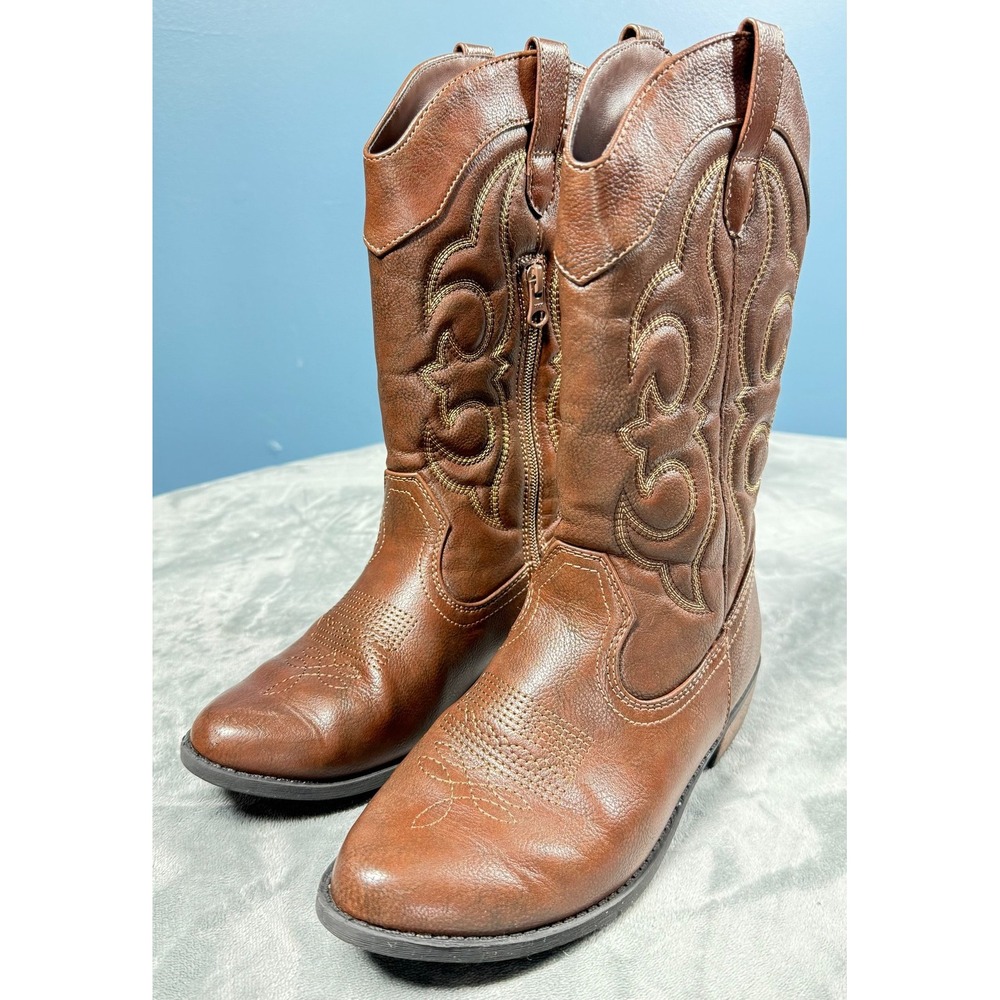 Cat Jack Girls Cowboy Boots 5 Brown Embroidered Western Zip Up